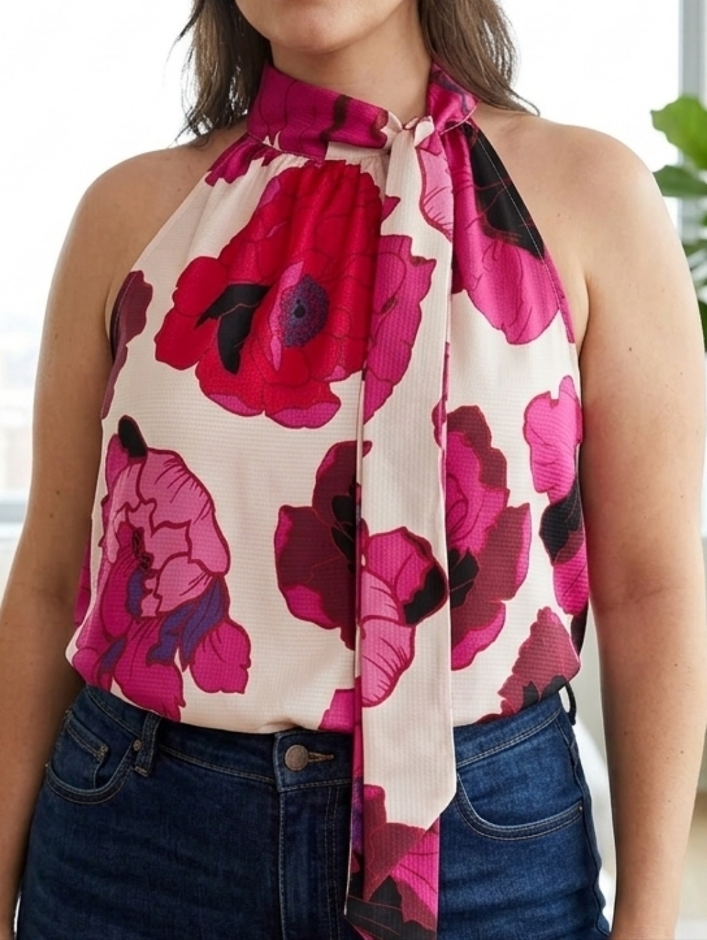 NWT Talbots Pink Poppy Floral Tie Neck Halter Top Blouse Large